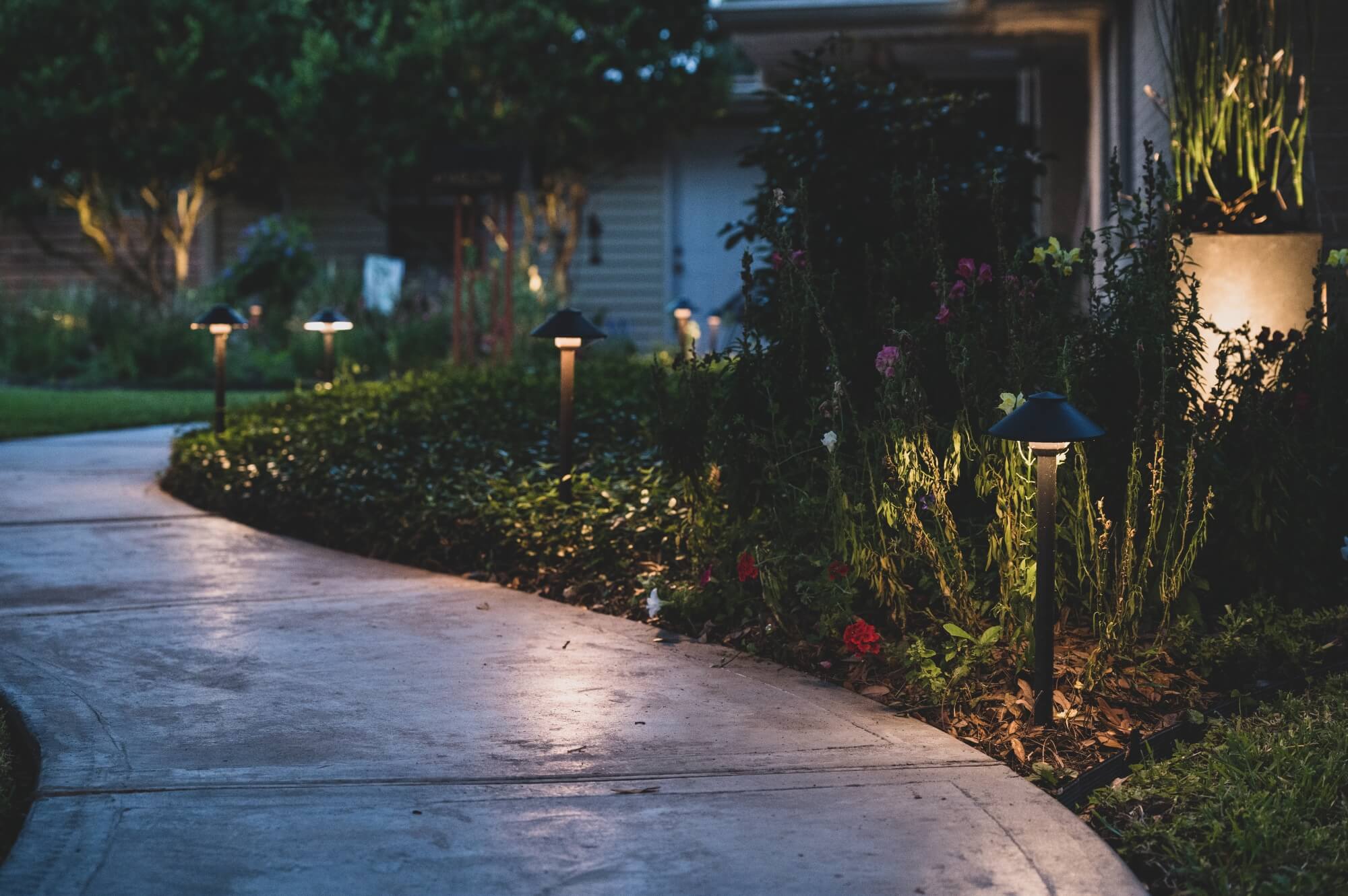 A curved concrete pathway bordered by greenery is illuminated with small black garden lights. The path, part of a thoughtful landscape design, leads to a house with a well-manicured garden, visible in the background. The lights cast a warm glow, emphasizing the lush plants and flowers.