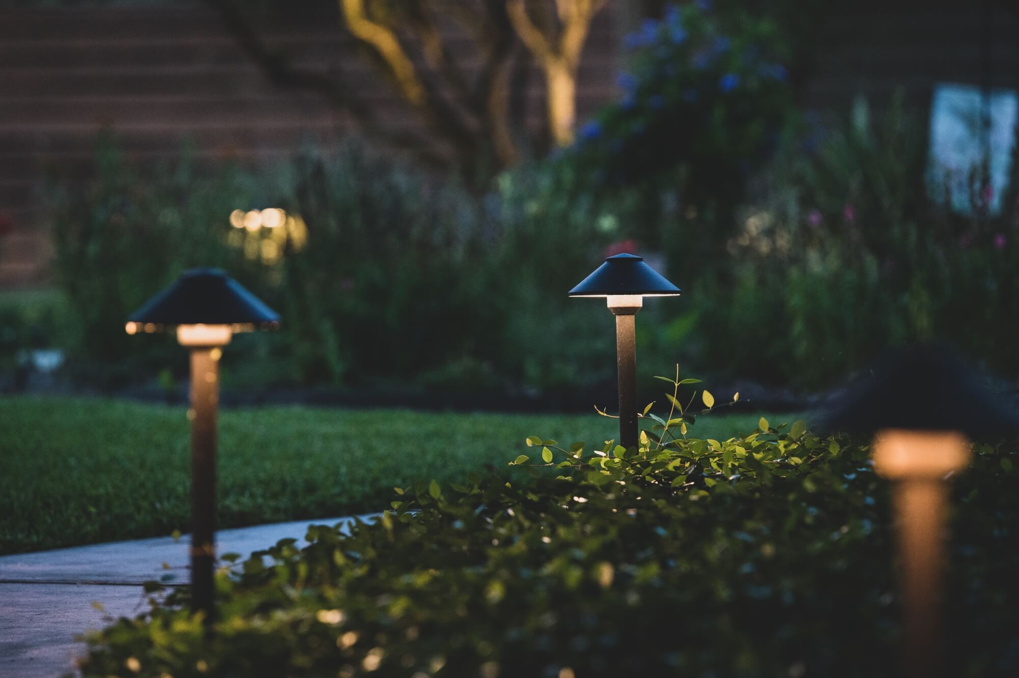 Nighttime scene of a garden pathway lit by small landscape lights. The path is bordered by greenery, and a tree and various plants are visible in the background. The lights create a warm, inviting ambiance, showcasing the Ponce Residence's thoughtful landscape design.