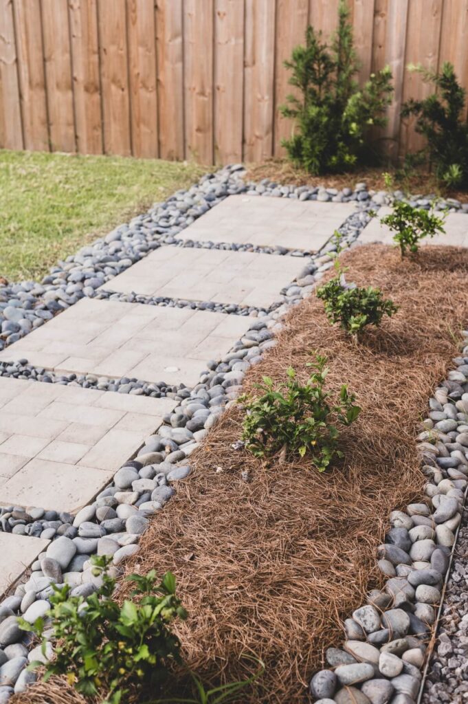 A neatly landscaped backyard features a garden path made of square stone pavers set in a bed of gravel, bordered by wooden fencing and a small grass lawn. On one side, young green plants mulched with straw add charm, while shrubs grow near the fence. Welcome to our outdoor oasis introduced in "About Us.