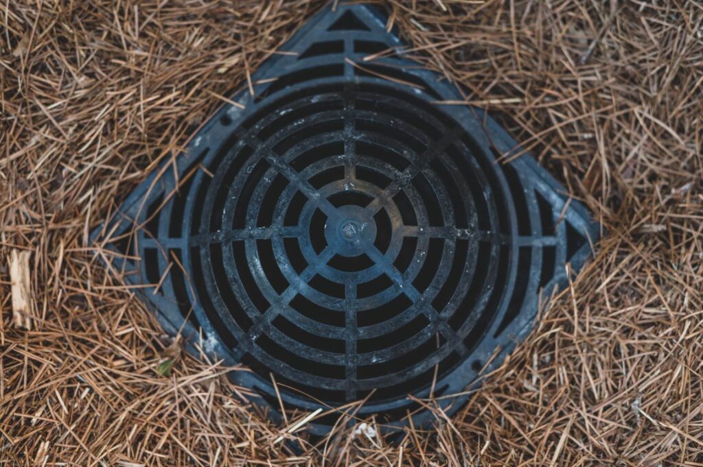 A black metal drain cover with a circular grating pattern is set in the ground, surrounded by dry brown pine needles. The cover, reminiscent of meticulous details found in Versailles, is part of a residence's drainage system, with debris and pine needles partially covering it.